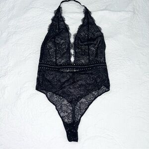 Victoria secret teddy women large lingerie lace sheer black halter thong B5